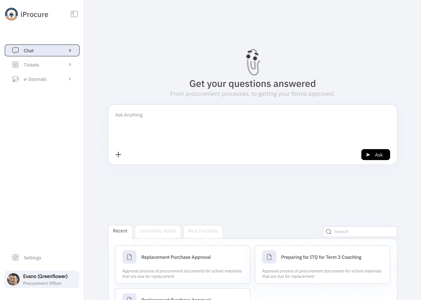 iProcure workspace showing a procurement question and recent topics
